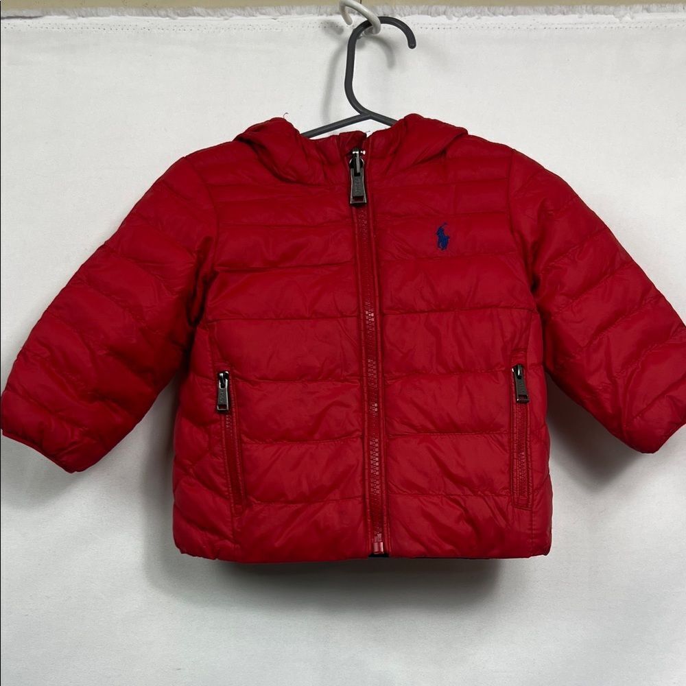 Ralph Lauren Vibrant Red Puffer Jacket with reversible blue EUC 9 months